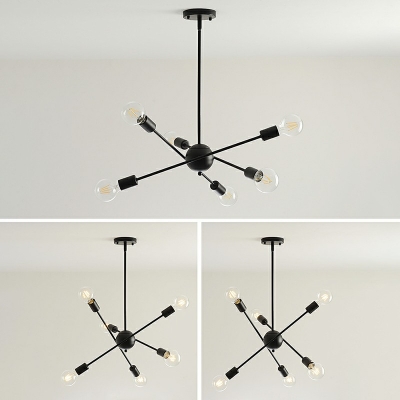 Wrought Iron Sputnik LED Chandelier in Black Industrial Style 6 Light Hanging Light for Cafe Bar Counter