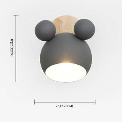 1 Bulb Kids Bedside Wall Lamp Macaron 7 Inchs Wide Wood Adjustable Wall Mount Light with Bear Head Metal Shade