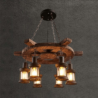 6 Lights Chandelier Wood and Iron Rope Pendant Hanging Lights in Black for Coffee Shop