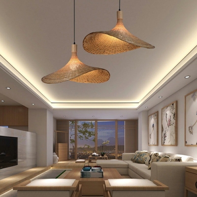 Asian 1 Head Hat Bamboo Pendant Lamp Rattan Hanging Ceiling Lamp for Living Room