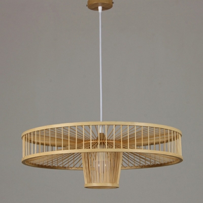 Beige Cylinder Bamboo Ceiling Lamp Asian 1 Bulb Wooden with Barrel Shade Hanging Pendant Light for Restaurant