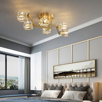 Curly Semi Flush Mount Chandelier Nordic Crystal Bedroom Ceiling Light in Gold