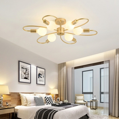 Curly Semi Flush Mount Chandelier Nordic Metallic Bedroom Ceiling Light in Gold