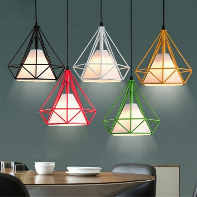 Diamond Form Pendant Industrial Living Room Iron Cage Single Light Hanging Lamp with White Fabric Shade