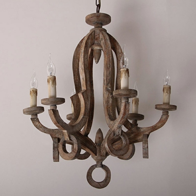 French Country Candle Style Drop Lamp Wooden Hanging Chandelier in Beige for Living Room