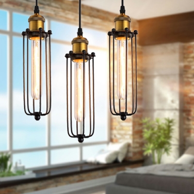 Industrial Pendant Light in Rustic Style Vertical Cage Shade Hanging Lamp in Black