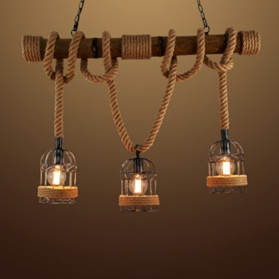 Iron Wire Cage Shade Solid Wooden Island Pendant 3-Bulb Retro Industrial Style Hemp Rope Restaurant Ceiling Hang Light in Beige