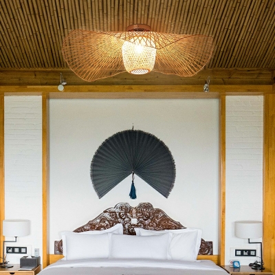 Japanese Style Ceiling Bamboo Single Bulb Restaurant Hanging Lamp in Dark Wood