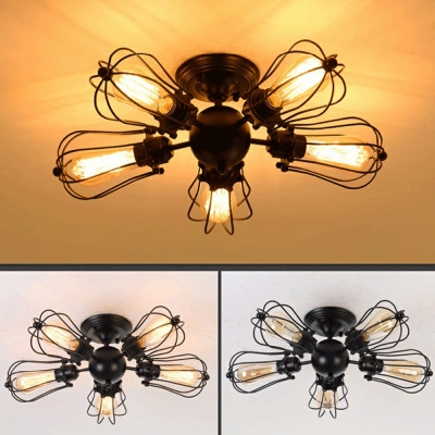 Loft Industry Wrought Iron Fan Close to Ceiling Light Black Semi Flush Light with Cage Shade