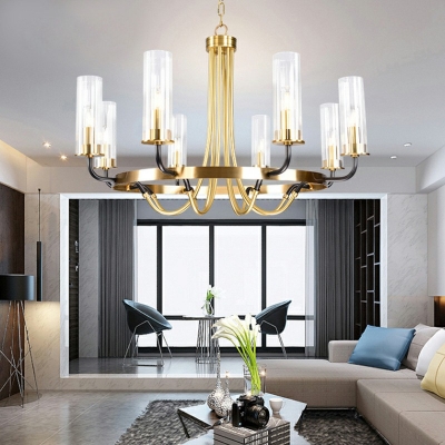 Mid-Century Style Metal Circular Pendant Light Cylinder Clear Glass Bedroom Chandelier Lighting in Gold