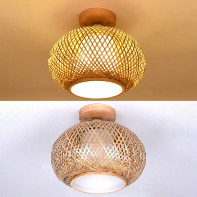 Single-Bulb Dome Shape Rustic Style Rattan Ceiling Light in Wood for Living Room Foyer