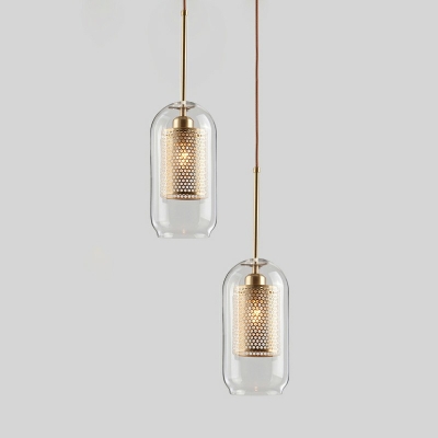 1 Light Cylinder Pendant Lamp Loft Industrial Clear Glass with Netal Mesh for Dining Room