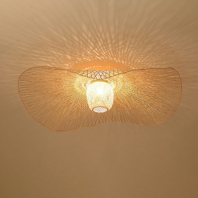 Asian Style Rattan Lotus Leaf Shape Hanging Ceiling Lamp 1 Light Decorative Suspension in Wood