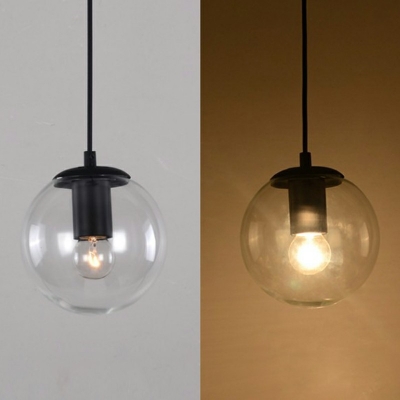 Black Cord Minimalist Living Room Pendant Clear Glass Globe 1-Head Hanging Lamp