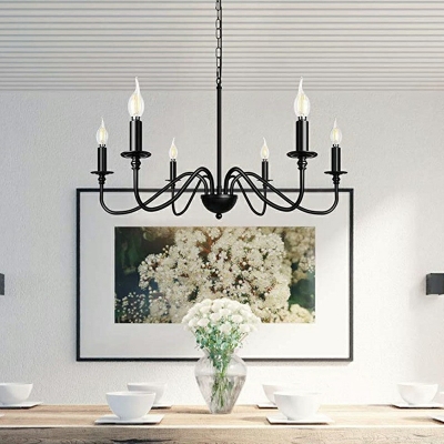 Colonial Style Black Chandelier with Candle 6 Lights Metal Hanging Light for Bedroom