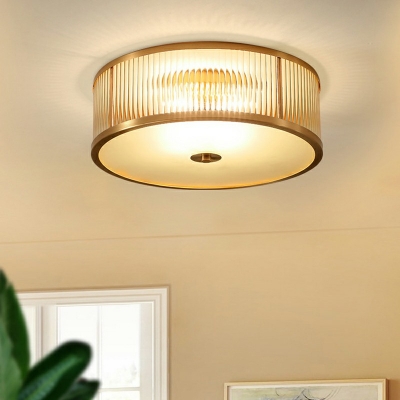 Colonial Style Flushmount Light Drum Shade Clear Prismatic Glass 3/4-Bulbs Ceiling Light for Living Room