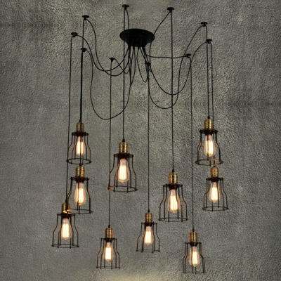Edison Spider Multi Light Pendant in Black Industrial Style Lights with Metal Cage Shade for Restaurant Living Room