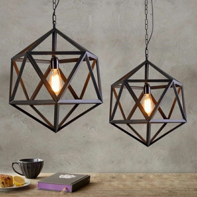 Industrial Modern Geometric Black Cage Pendant Light Iron 1-Light Pendant Lighting for Kitchen