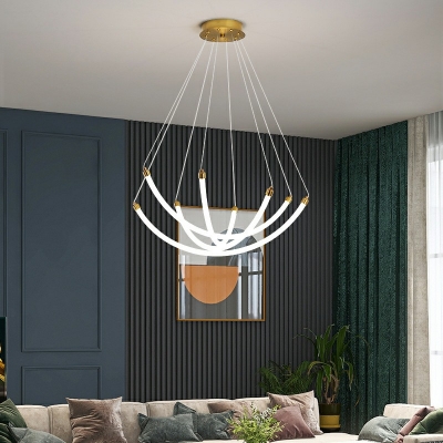 Minimalistic Acrylic LED Curved Chandelier in Brass Linear Pendant Lamp for Living Room