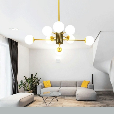 Modern Chandelier Milk White Glass Globe Shade 6 Inchs Height Living Room Restaurant Hanging Lamp in Gold