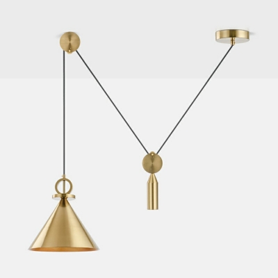 Post Modern Pulley Pendant Lighting Brass Cone Hanging Lamp with Metal Shade