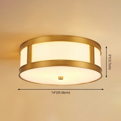 Traditional Style Brass Drum Shaped Frosted Glass Ceiling Light for Living Room