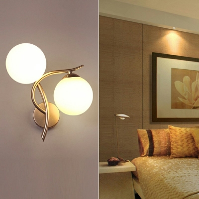 Ultra-modern Milky Glass Round Wall Mount Lamp 2 Heads Bedroom Sconce Lights