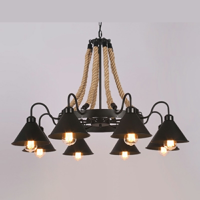 8-Light Rustic Linen Rope Chandelier Lighting Fixtures Cone Pendant Light in Black