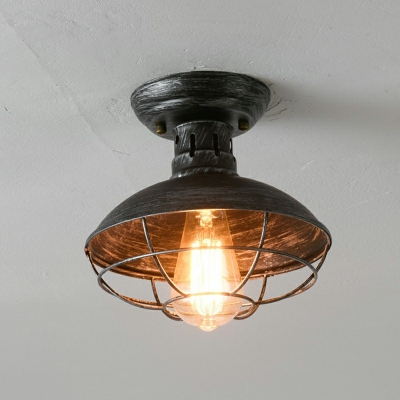 Barn Wrought Iron Semi Flush Light Rustic Style 1 Bulb Grey Ceiling Mounted Light with Wire Frame