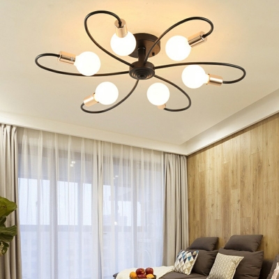 Flower Shape Semi Flush Light Industrial 6 Inchs Height Metal Ceiling Light in Black for Living Room