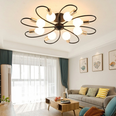 Flower Shape Semi Flush Light Industrial 6 Inchs Height Metal Ceiling Light in Black for Living Room