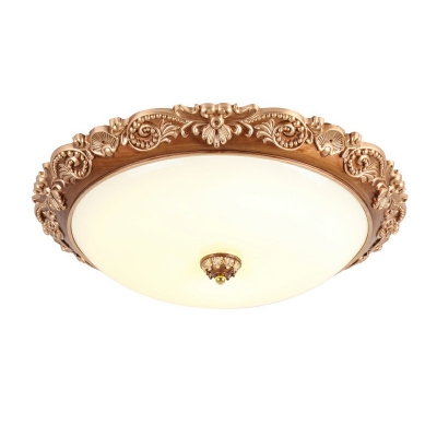 Golden LED Ceiling Lamp Traditional Cream Glass Bowl Flush Mount Light in White Light