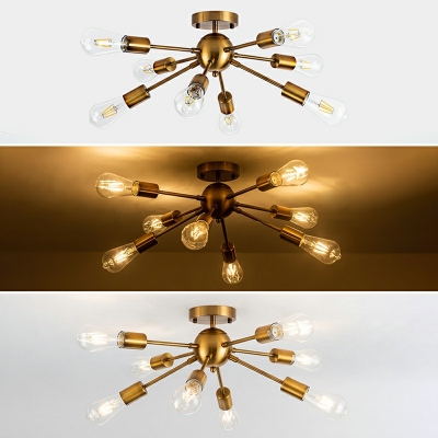 Industrial Branching Lighting Fixture with Bare Bulb 8 Lights Ceiling Flush Mount for Indoor Room