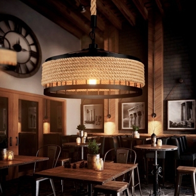One Head Industrial Beige Suspension Light Drum Shade with Rope Restaurant Hanging Pendant Light