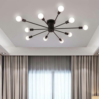 10 Lights Exposed Bulb Semi Flush Mount Ceiling Light Metal 8 Inch Height Living Room Flush Mount Lighting