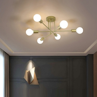 6-Lights Industrial Style Semi Flush-mount Bare Bulb Design Dining Room Ceiling Light
