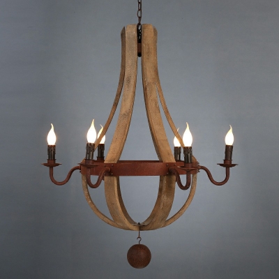 French Country Candle Style Drop Lamp Wooden Hanging Chandelier for Living Room