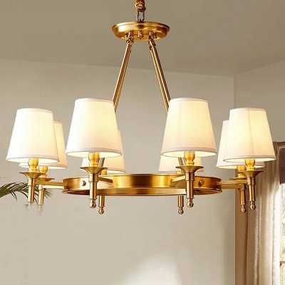 Gold Metal Round Pendant Light Mid-Century Conical White Fabric Shade Bedroom Chandelier Lighting