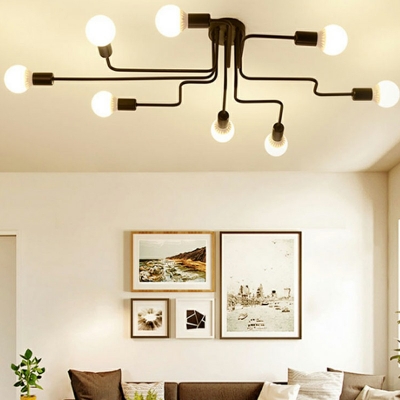 Industrial Bare Bulb Metal Circle Ceiling Mount Semi Flush Ceiling Light for Living Room