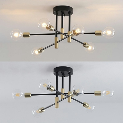 Industrial Concise Linear Semi Flush Light Metal in Black-Gold Ceiling Light for Living Room