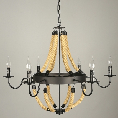 Industrial Large Chandelier with Rope Metal Shade in Black Hemp Rope Ceiling Suspension Lamp with 23.5 Inchs Height Adjustable Chain