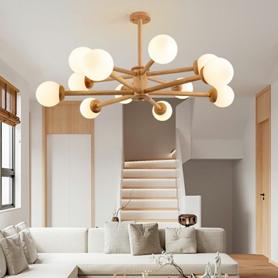 Japanese Style Wood Molecular Chandelier White Ball Glass Lighting Fixture for Living Room