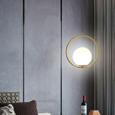 Modern Fashion Golden Ring Design Milky Glass Globe Hanging Light for Bedroom