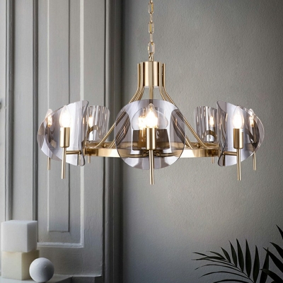 Nodern Style Candle Chandelier Smoke Grey Glass Hanging Pendant in Gold for Dining Room