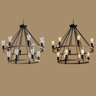 Open Bulb Design Suspension Lighting Loft Hemp Rope Round Chandelier for Country Bar