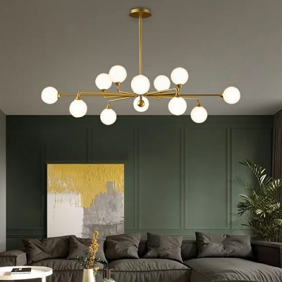 Post-Modern Starburst Hanging Chandelier Light Opal Glass Shade Ceiling Chandelier in Gold for Living Room