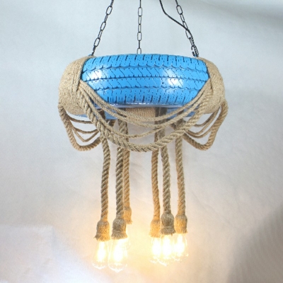 Tyre Pendant Chandelier 6 Heads Farmhouse Lighting  Natural Rope for Bedroom