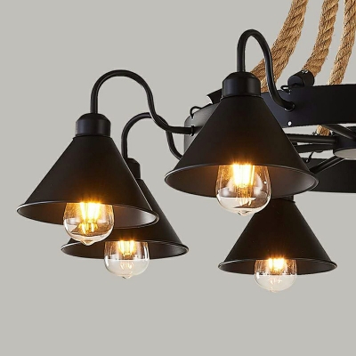 8-Light Rustic Linen Rope Chandelier Lighting Fixtures Cone Pendant Light in Black