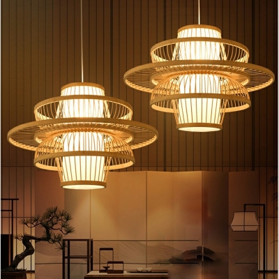 Asia 1 Head Pendant Light Kit Wood Suspension Lamp with Bamboo Shade in Light Wood