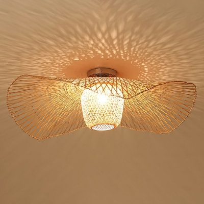 Asian Style Rattan Lotus Leaf Shape Hanging Ceiling Lamp 1 Light Decorative Suspension in Wood